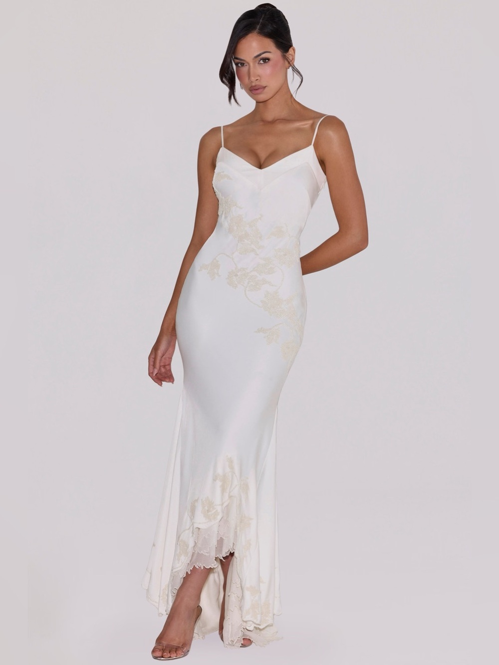 House of CB ANASTELLE Vintage Ivory Satin Hand Beaded Embellished Maxi Dress